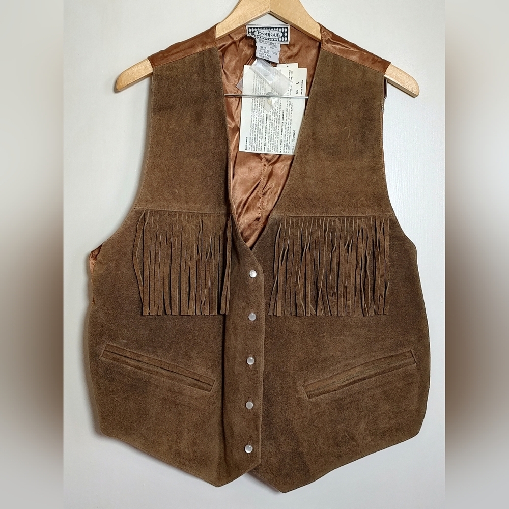 Vintage Bonjour Brown Suede Fringe Vest With Pearl Snap Buttons